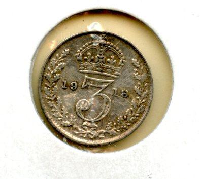UK George V Three Pence Coin Dated 1918