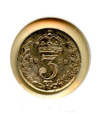 UK George V Three Pence Coin Dated 1919