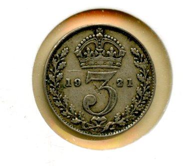 UK George V Three Pence Coin Dated 1921