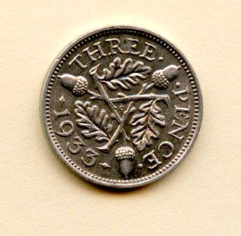 UK George V Three Pence Coin Dated 1933