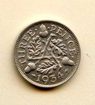 UK George V Three Pence Coin Dated 1934