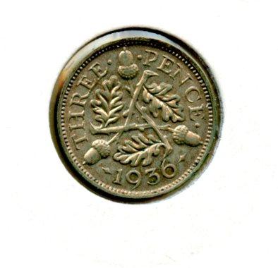 UK George V Three Pence Coin Dated 1936