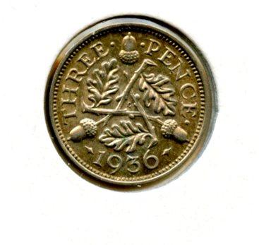 UK George V Three Pence Coin Dated 1936