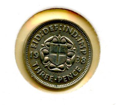 UK George VI Three Pence Coin Dated 1938