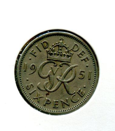 U.K. George VI  Sixpence Coin Dated 1951