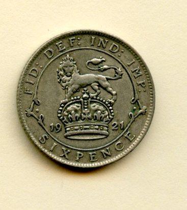 U.K. George V   Sixpence Coin Dated 1921