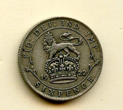 U.K. George V   Sixpence Coin Dated 1922