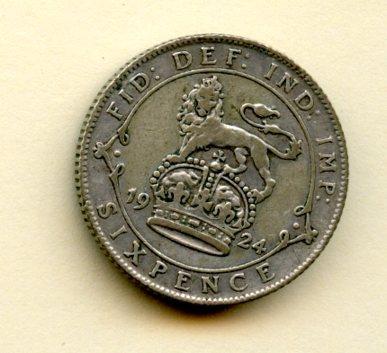 U.K. George V  Sixpence Coin Dated 1924