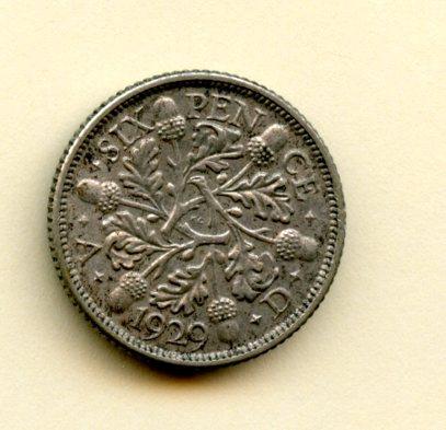 U.K. George V   Sixpence Coin Dated 1929