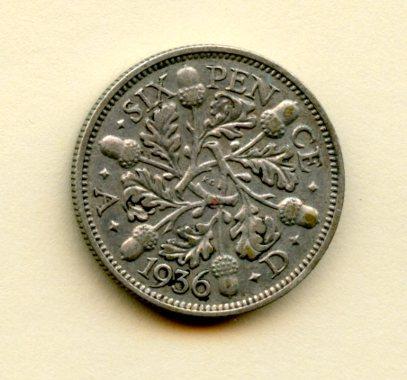 U.K. George V   Sixpence Coin Dated 1936
