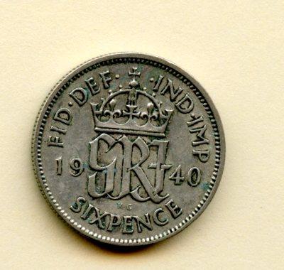 U.K. George VI   Sixpence Coin Dated 1940