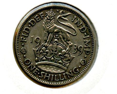 UK George VI  Shilling Coin  English  Obverse Dated 1939