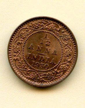 India-British  1/12  Anna  Coin Dated 1930