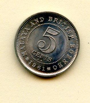 Malaya & British North Borneo 5 Cents Coin Dated 1961