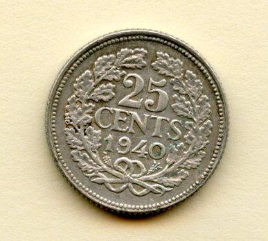 Netherlands 25 Cents Coin Dated 1940