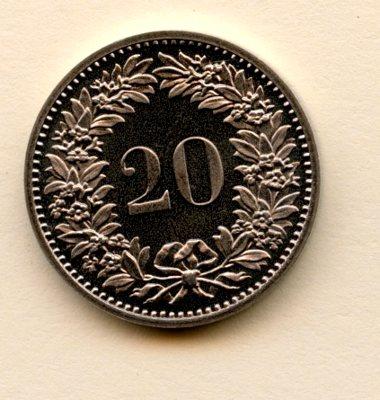 Switzerland Proof 20 Rapen Coin Dated 1982