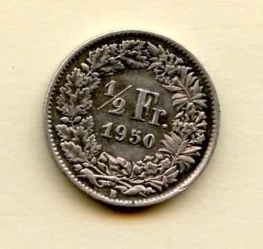 Switzerland 1/2 Franc Coin Dated 1950