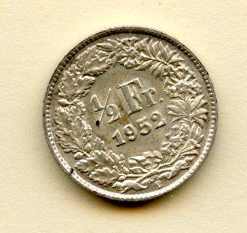 Switzerland 1/2 Franc Coin Dated 1952