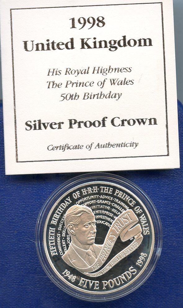 UK 1998  The Prince of Wales 50th Birthday Silver Proof £5 Five Pound Crown Coin