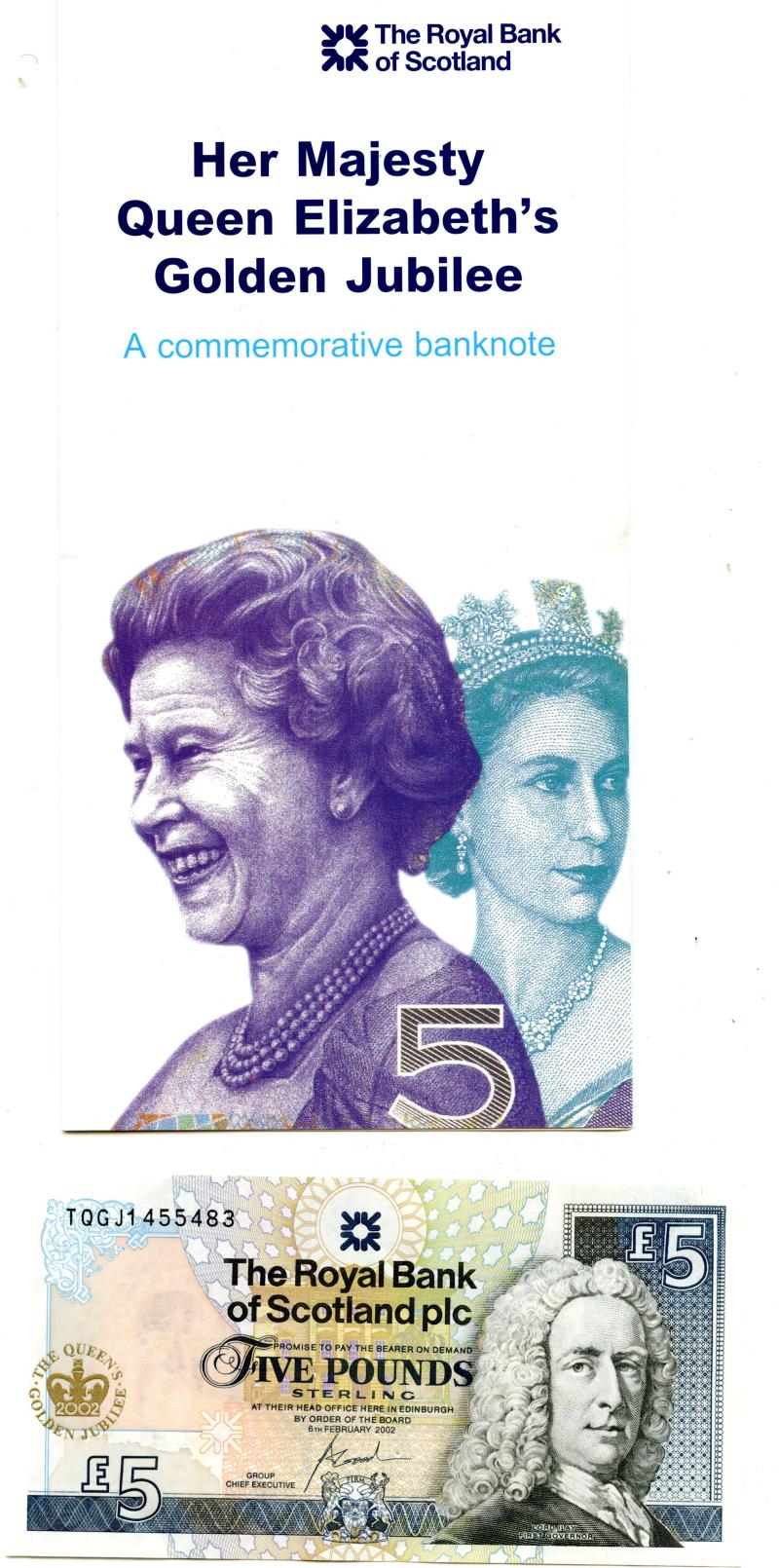 Royal Bank of Scotland £5 Five Pounds Notes Queen's Golden Jubilee Commemorative in Issue Folder Dated 6th February 2002