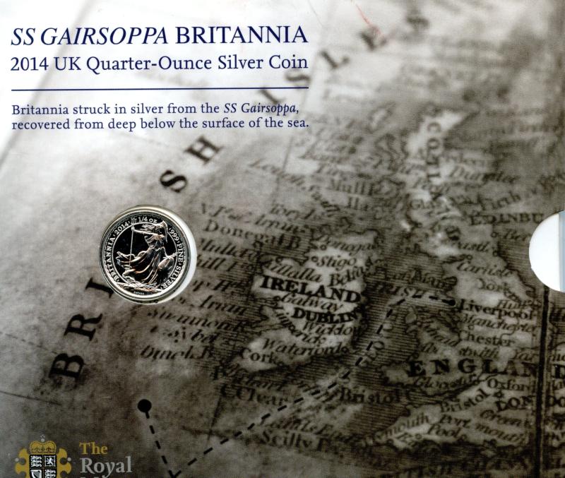 U.K.2014 Royal Mint  Silver Proof Quarter Ounce SS Gairsoppa Britannia Coin