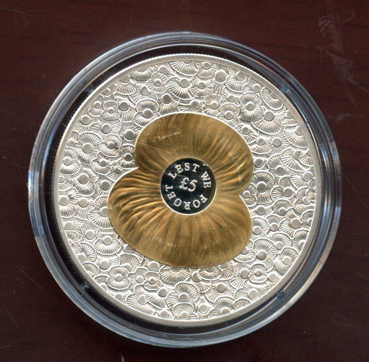 2014 Jersey 100 Poppies Silver Proof £5 Five Pound Crown Coin with 24 carat Gold Plating