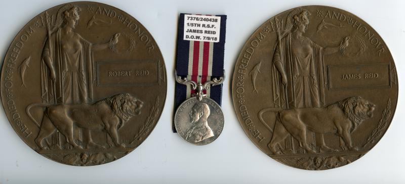 Military Medal & Memorial Plaque To Sgt James Reid, Royal Scots Fusiliers also with Brothers Memorial Plaque