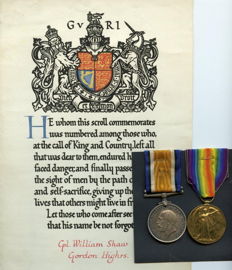 WW1 British War & Victory Medals Pair to Cpl William Shaw, 1st Bn., Gordon Highlanders