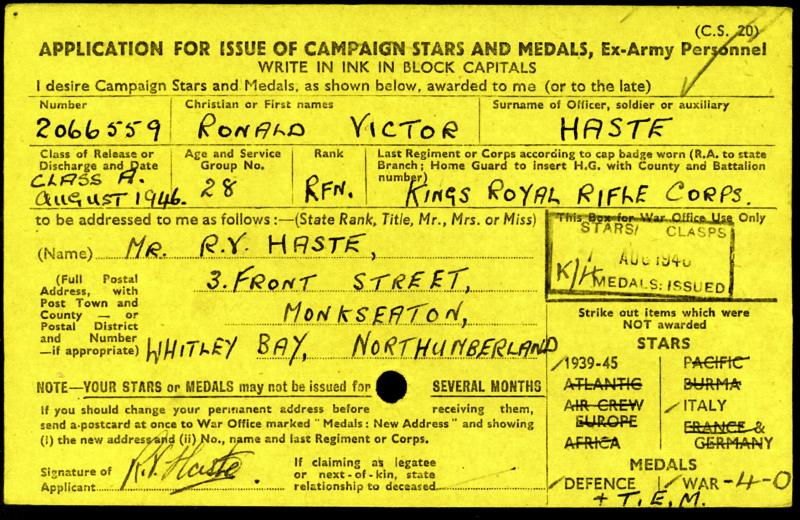 WW2 Territorial Medal Group To Rifleman Ronald Victor Haste, Kings Royal Rifle Corps