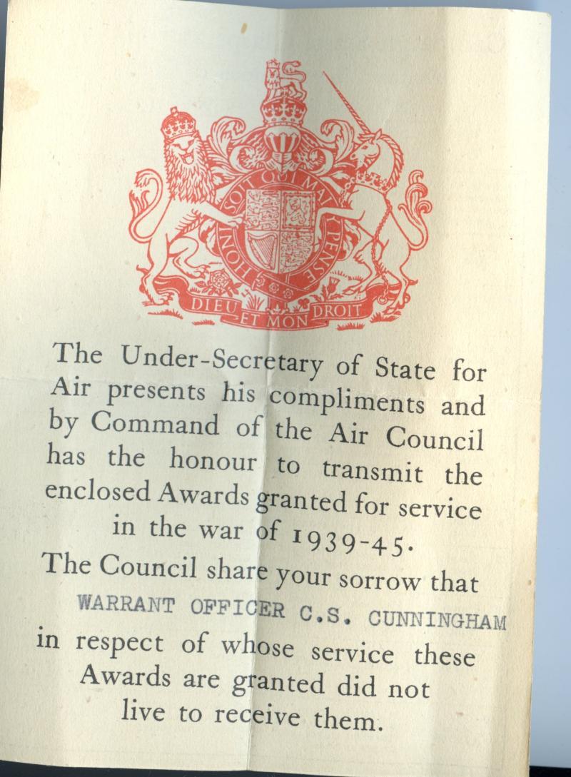 RAF 1946 Air Casualty Group To Wireless Operator/Air Gunner Colin Sinclair Cunningham 70 Sqdn., Royal Air Force Volunteer Reserve