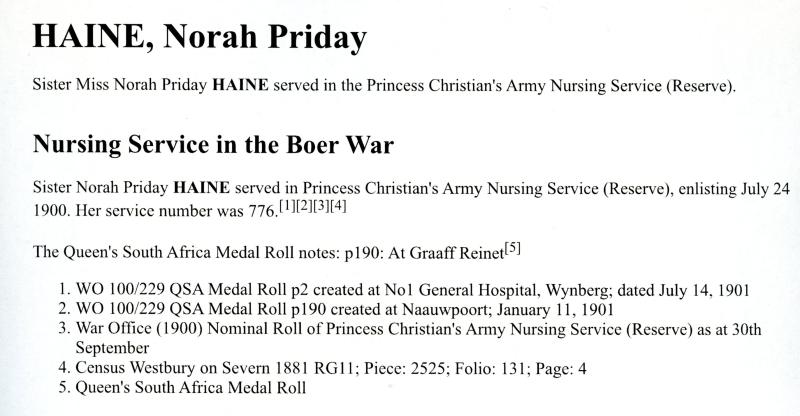 Queens South Africa Medal 1899-1902 To Nursing Sister Miss Norah Priday Haine Princess Christian's Army Nursing Service (Reserve).
