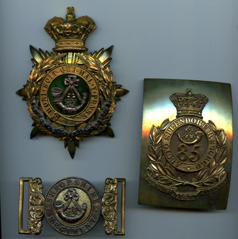 Set Officer's Kings Shropshire Light Infantry & The 85th (Bucks Volunteers) Regiment of Foot Shoulder Belt Waist Belt & Helmet Plate Badges