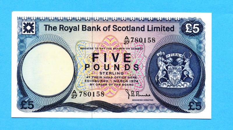 Royal Bank Of Scotland £5 Five Pound Note Dated 1st March 1974