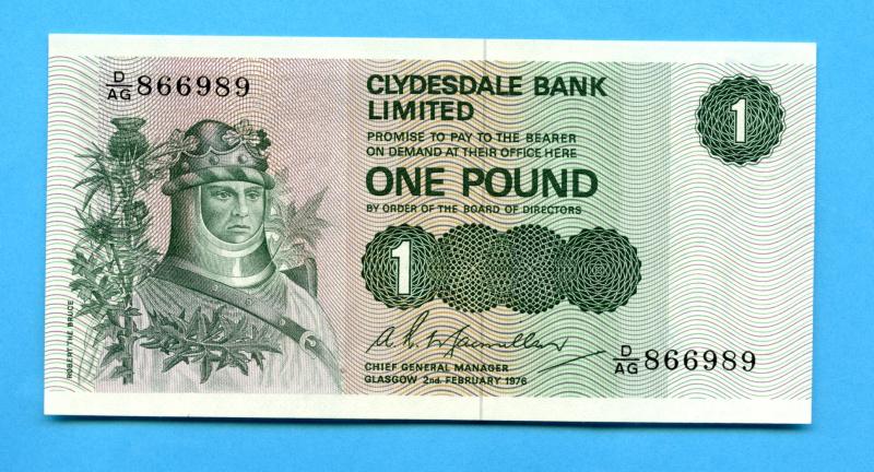 Clydesdale Bank   £1 One  Pound Note Dated 2nd February 1976