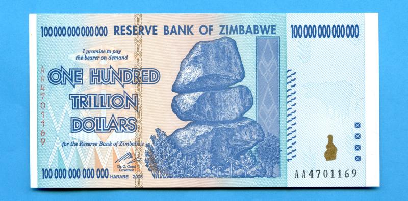 Zimbabwe One Hundred Trillion Dollars Banknote Dated 2008