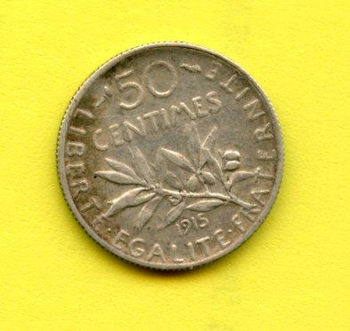 France French 50 Centimes Coin Dated 1915