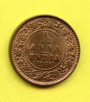 India-British  1/12  Anna  Coin Dated 1930