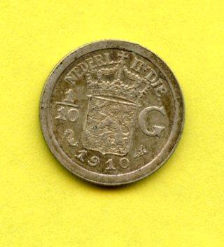 Netherlands  East Indies 1/10 Gulden Coin Dated 1910