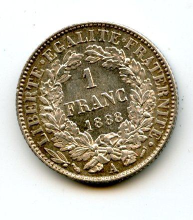France French One Franc Coin Dated 1888a