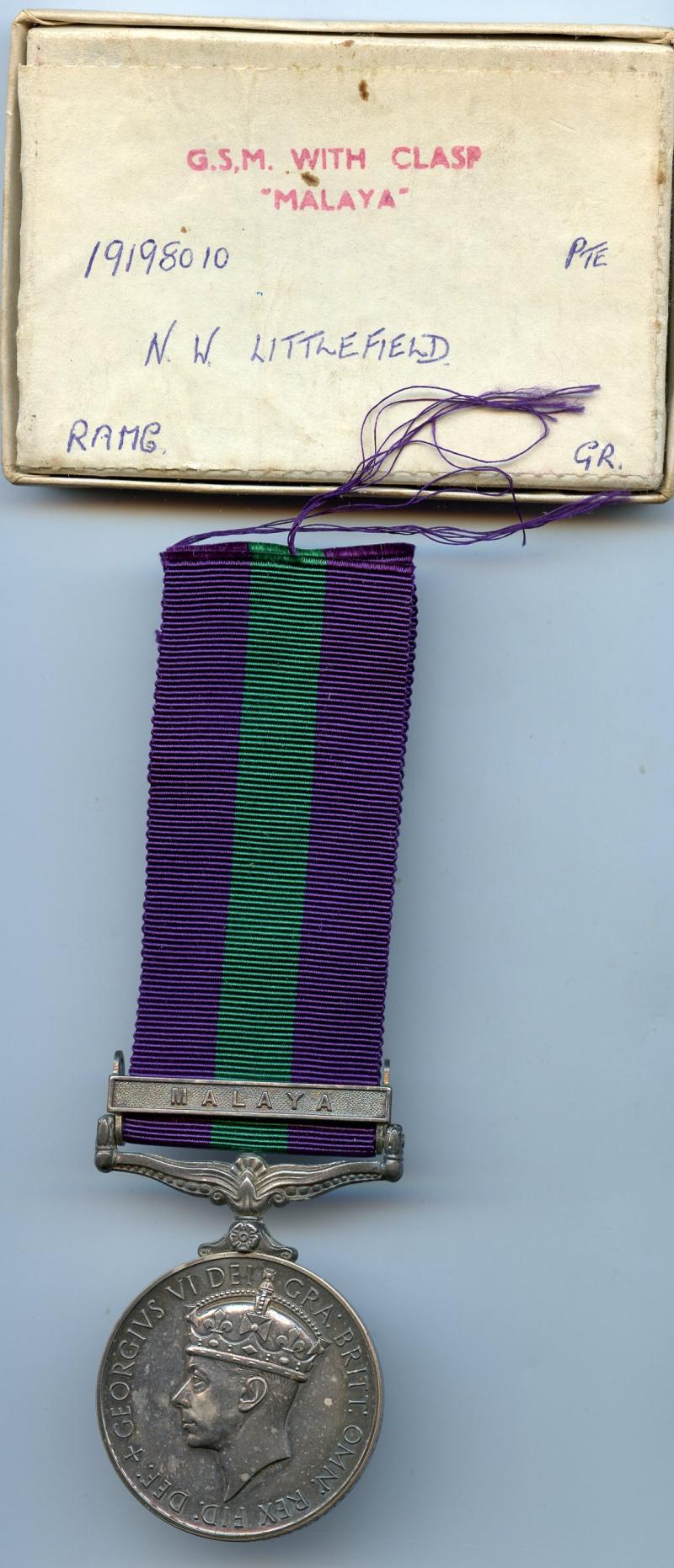 General Service Medal 1918-62 : 1 Clasp: Malaya To Pte N. W. Littlefield, R.A.M.C.