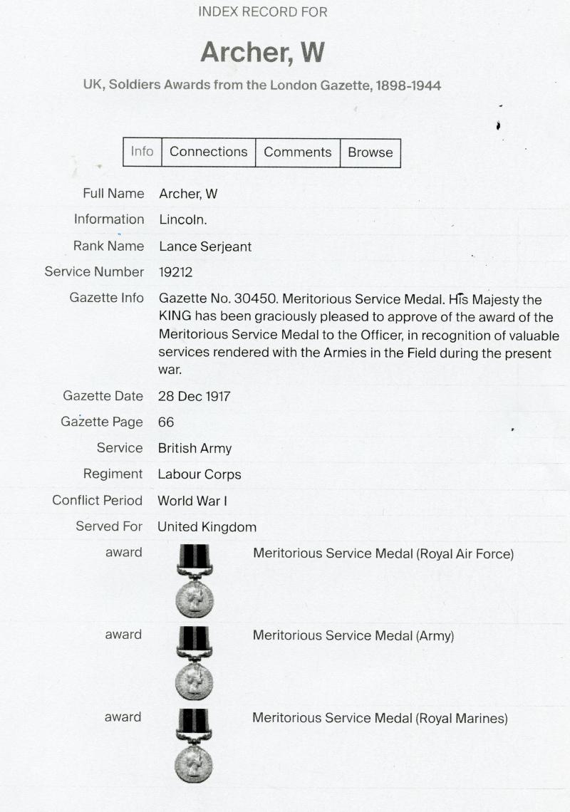 Meritorious Service Medal To Sjt William Archer 33 Coy Labour Corps ( From Lincoln)