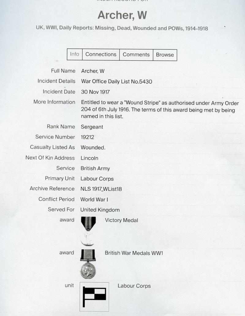 Meritorious Service Medal To Sjt William Archer 33 Coy Labour Corps ( From Lincoln)