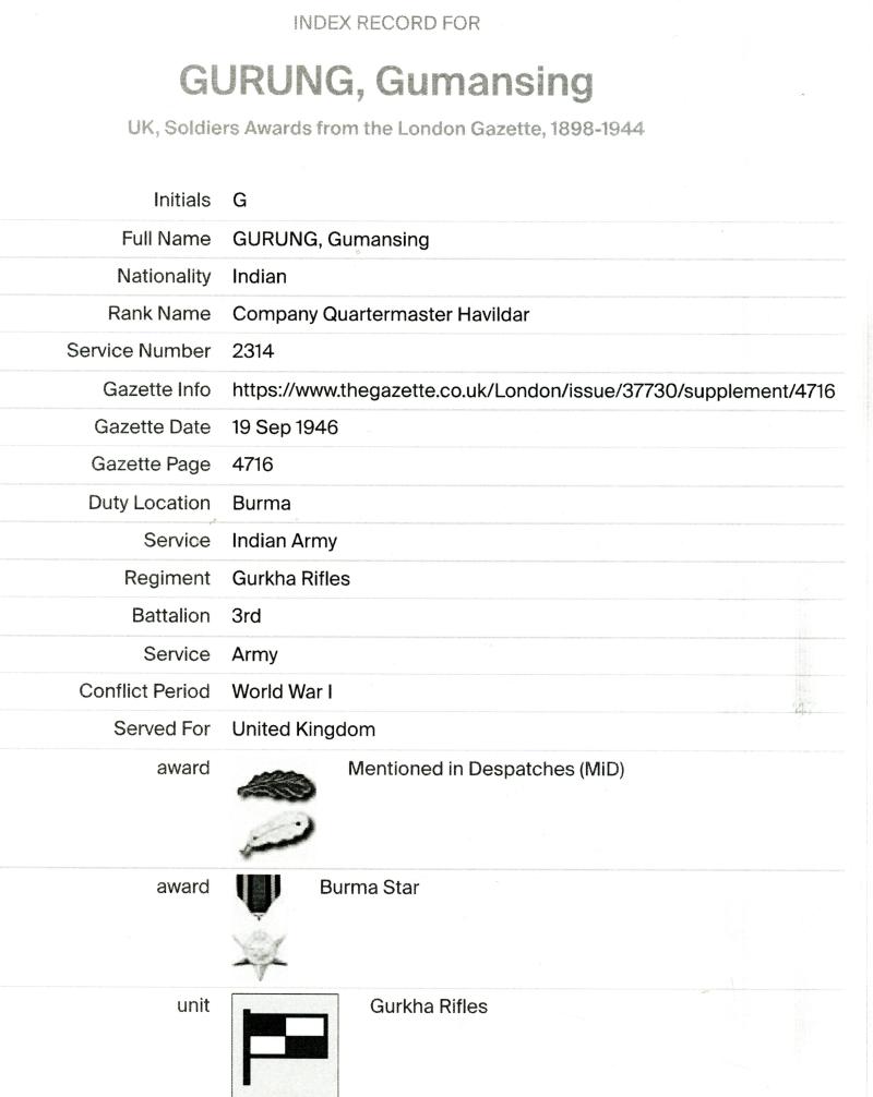 WW1 1914-15 Star with Cap Badge to Rifleman Guman Gurung 3rd Ghurka Rifles with Silver Cap Badge