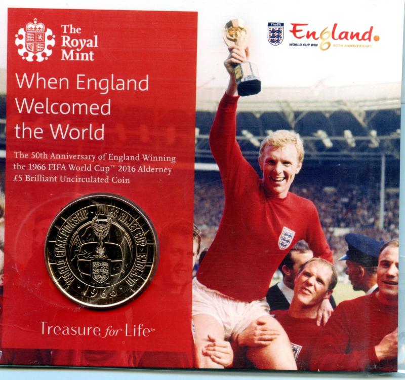 Alderney 2016 50th Anniversary England Winning World Cup Brilliant Uncirculated £5 Coin