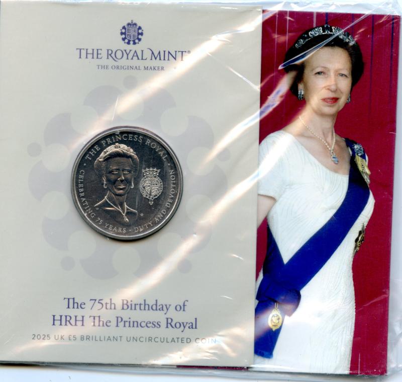 UK Royal Mint 2025 The 75th Birthday of The Princess Royal Brilliant Uncirculated £5 Coin