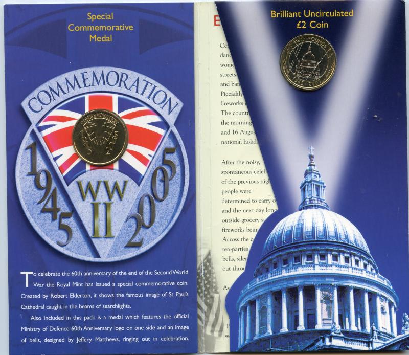 UK 2005 60th Anniversary of WW2 Brilliant Uncirculated £2 Pound Coin with Special Commemorative Medal