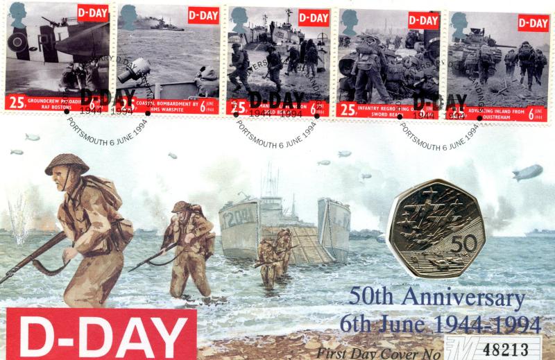 1994 50th Anniversary of the D-DAY landings Brilliant uncirculated commemorative Fifty pence coin with First Day Cover