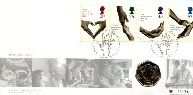 1998 50th Anniversary of the NHS Brilliant uncirculated commemorative Fifty pence coin with First Day Cover