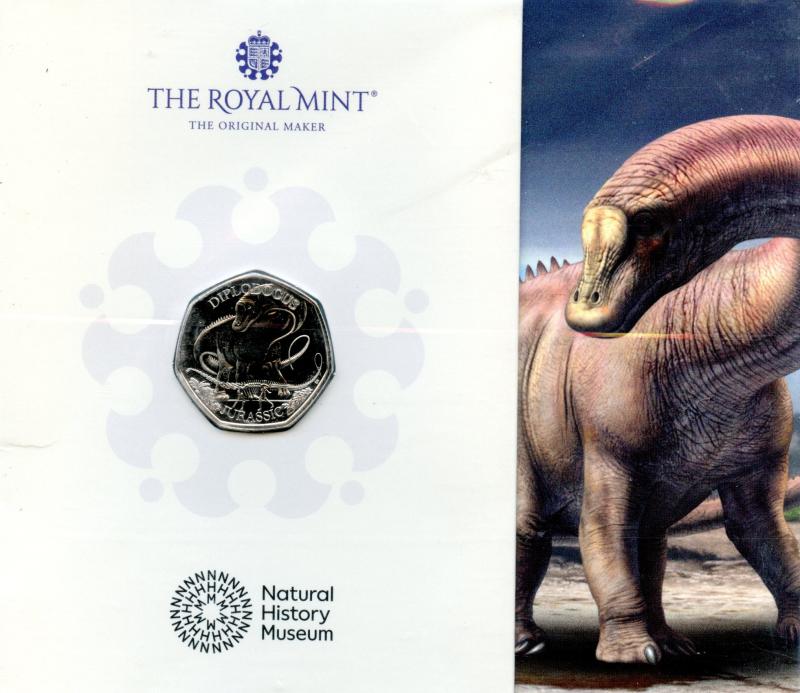 UK 2024 Natural History Museum Diplodocus Brilliant Uncirculated 50 Pence Coin