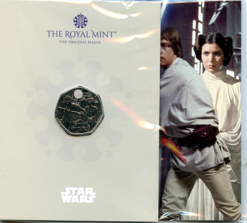 UK 2023 Star Wars Luke Skywalker & Princess Leia Brilliant Uncirculated 50 Pence Coin